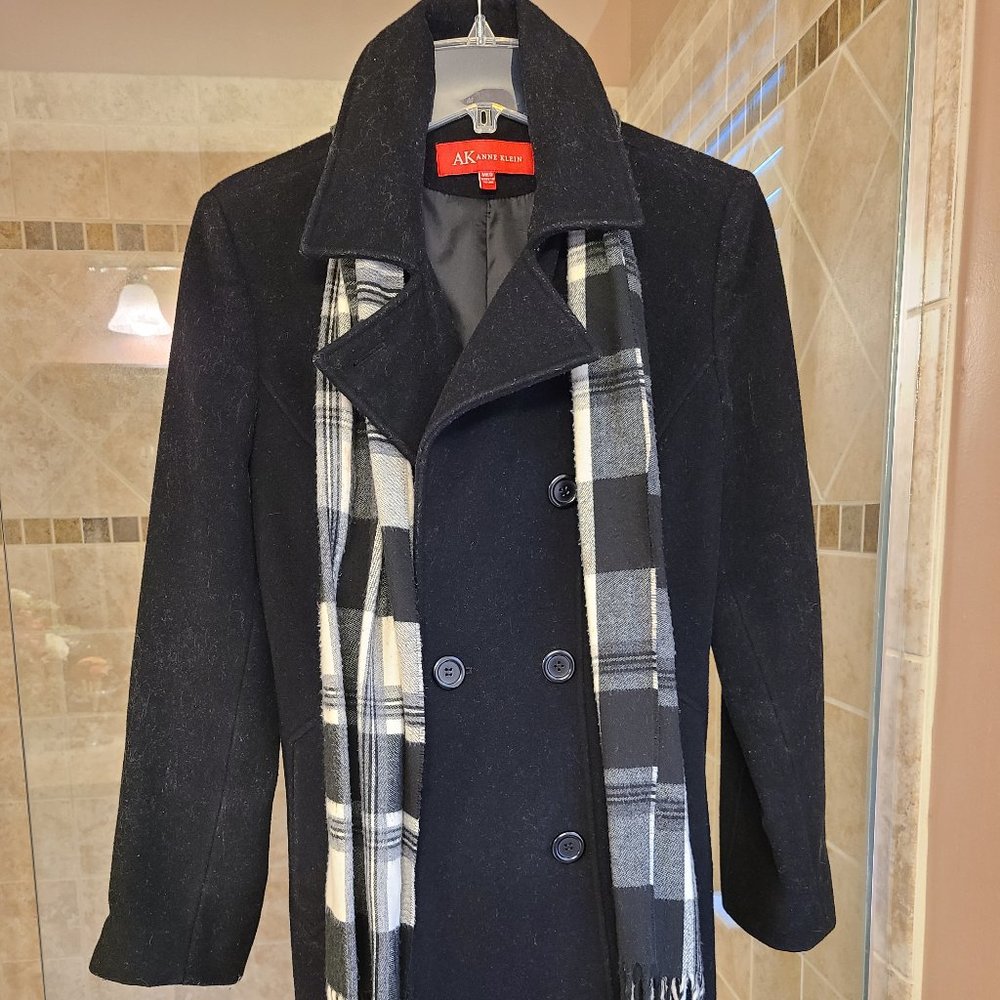 Anne Klein Black Wool Blend Midi Coat Size M
